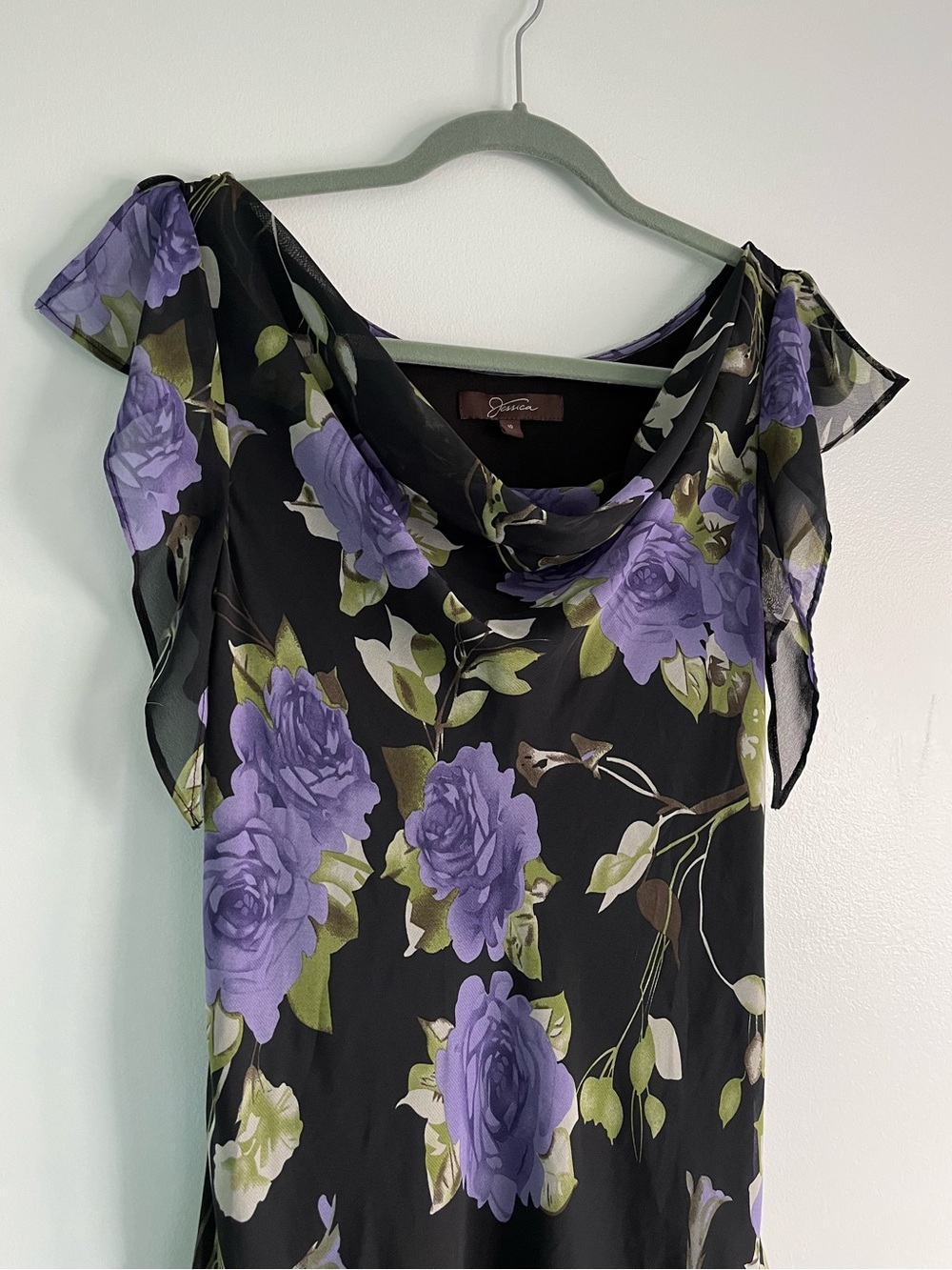 90s Y2K Jessica Black & Purple Floral Whimsical Flowy Fairy Midi Cowl Neck Dress - Picture 11 of 16